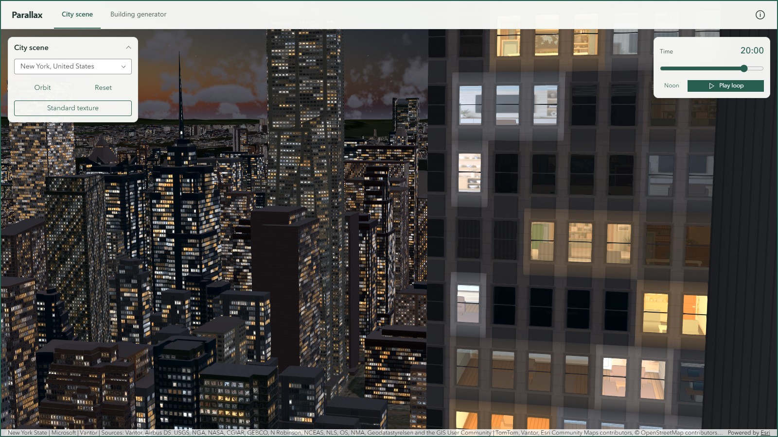 Close-up windows on the right with New York behind them at 20:00 in 3D Parallax