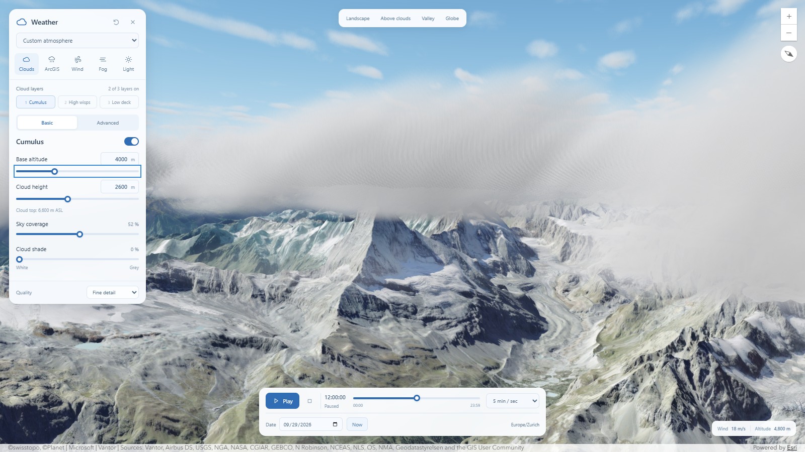 Procedural clouds based at 4,000 m around the Matterhorn in 3D Weather Lab