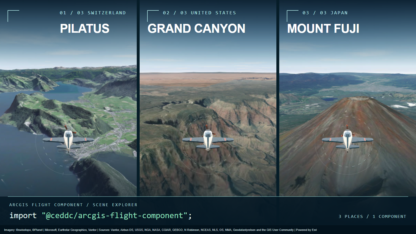 ArcGIS Flight Component flights at Pilatus, the Grand Canyon, and Mount Fuji