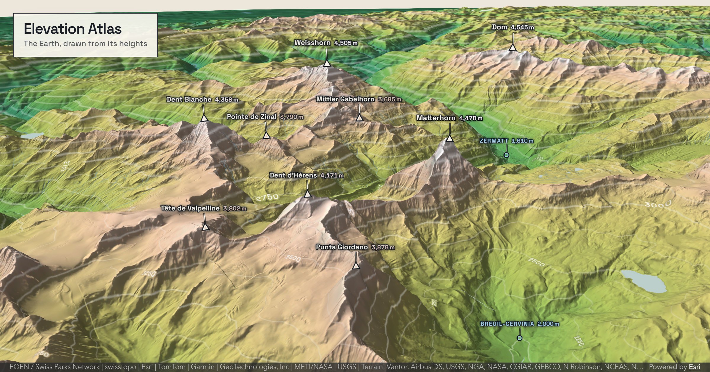 Relief coloré par altitude autour du Cervin, avec courbes de niveau et noms des sommets dans Elevation Atlas