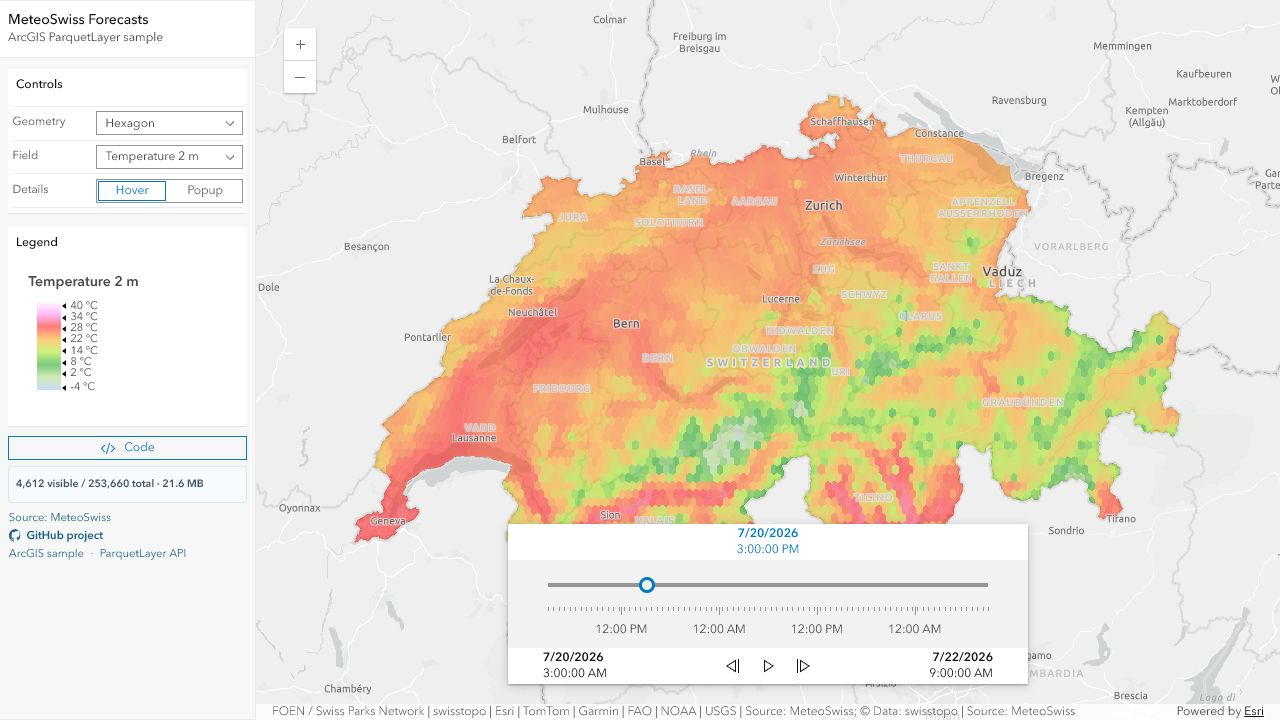 Carte des prévisions MeteoSwiss rendue avec ArcGIS ParquetLayer