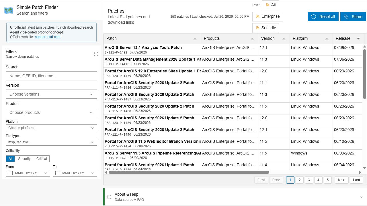 Interface for searching and filtering Esri patches