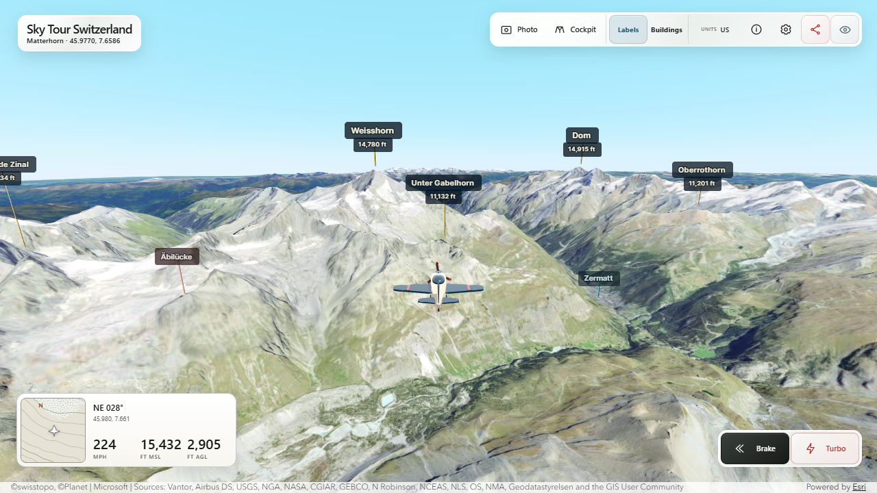 Alpine flight in Sky Tour Switzerland with 3D terrain and labels