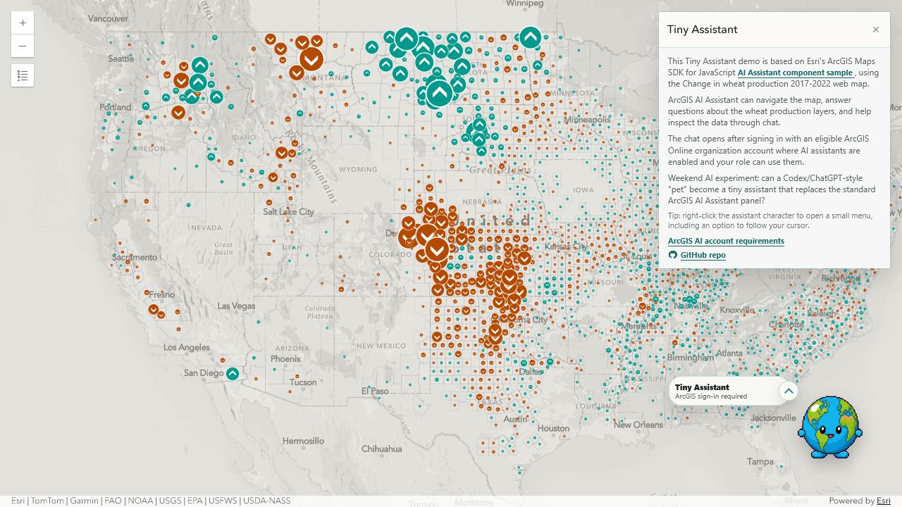 Small animated assistant overlaid on an ArcGIS map