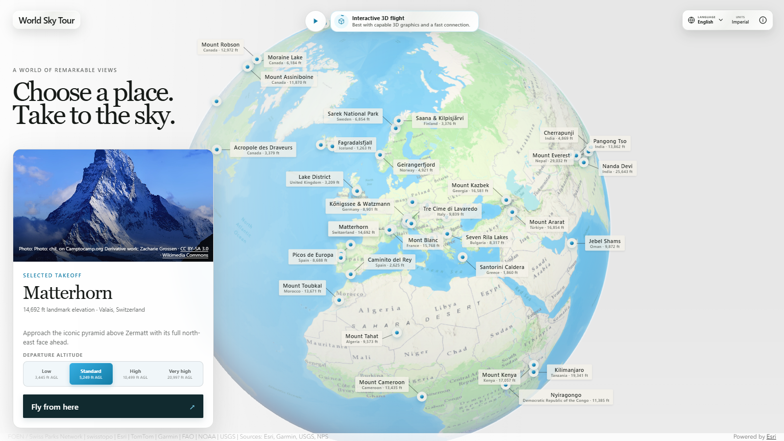 Globe 3D de World Sky Tour centré sur l’Europe avec le Cervin sélectionné